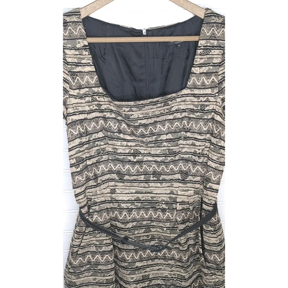 Nanette Lepore Womens Cocktail Dress 8 Black Goldish Lace Lined Belted Fit Flare - Picture 2 of 9